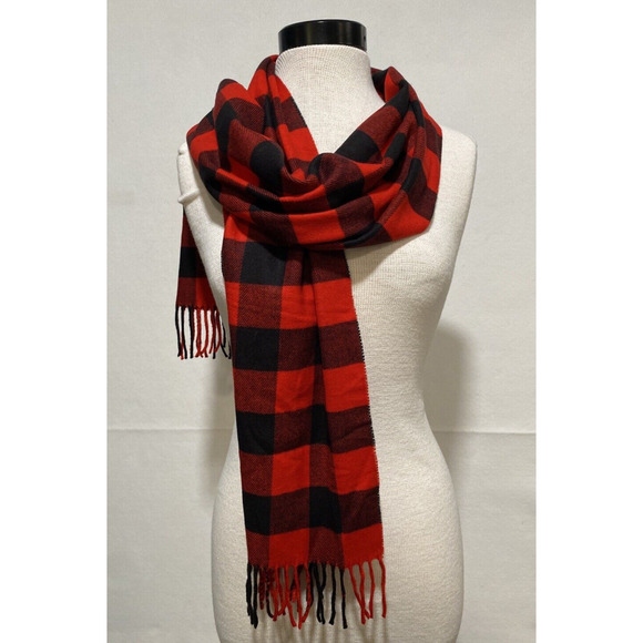 Red Black Buffalo Plaid Cashmere Scarf Winter Warm Fringe Unisex Timeless - Picture 1 of 5
